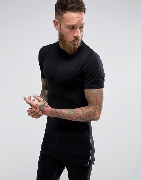 Asos - T-shirt Nera Lunga Attillata Con Zip Laterali - Nero