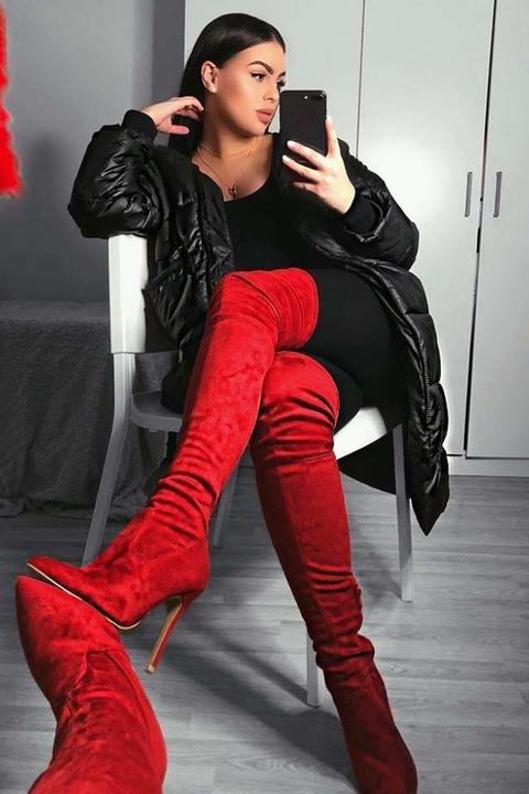 Red Boots - Yana Red Faux Suede Over The Knee Heeled Boots