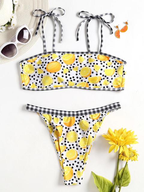 Bikini A Pois Stampato Di Limone Con Spalline Annodate Multi