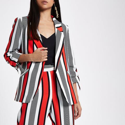 Petite Red Stripe Ruched Sleeve Blazer