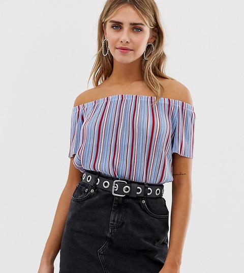 Bershka - Top Con Spalle Scoperte Plissettato Blu A Righe - Blu