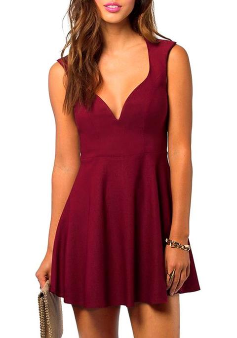 Wine Red Pleated Cut Out Sleeveless Fashion Mini Dress