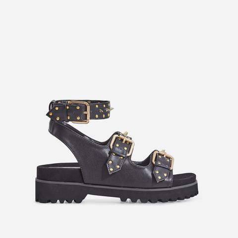 Elva Studded Detail Chunky Sole Sandal In Black Faux Leather, Black