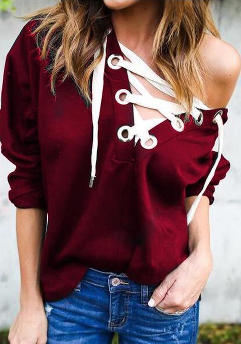 Wine Red Drawstring Lace Up Hooded Long Sleeve Fashion Sweatshirt