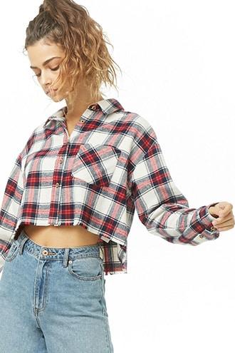 Cropped Flannel Shirt , Cream/navy ...