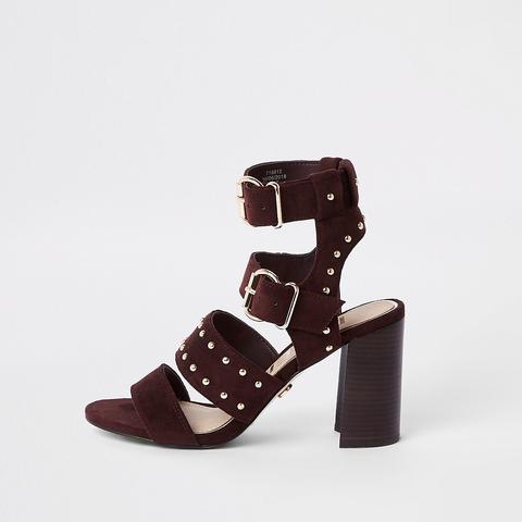 Dark Red Suede Studded Block Heel Sandals