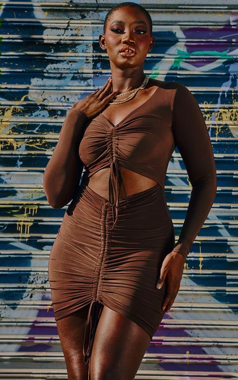 Chocolate Brown Slinky Ruched Front Cut Out Bodycon Dress