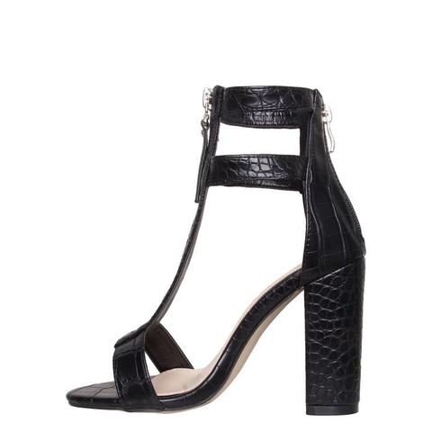 black croc block heels