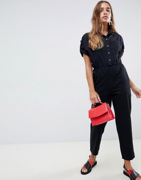 Asos Design Denim Boilersuit With Roll Sleeve In Washed Black