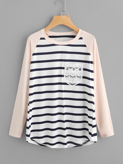 Contrast Raglan Sleeve Striped Lace Pocket Tee