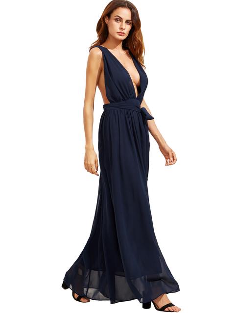 Deep Blue Nero Profondo Scollo A V Con Laccetti Vita Maxi Dress