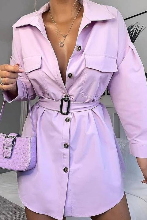 Lilac Drop Shoulder Belted Oversized Shirt Dress