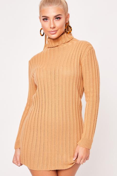 Hilary Camel Ribbed Knitted Turtle Neck Jumper Dress