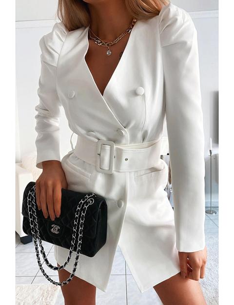 Robe Blazer Blanche Ceinturée Épaules Bouffantes