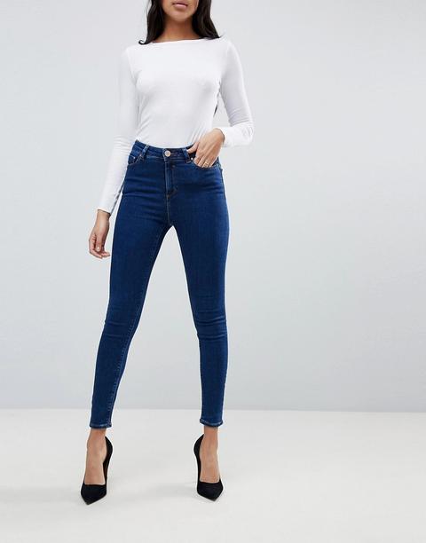 Asos Design Ridley High Waisted Skinny Jeans In Deep Blue Wash