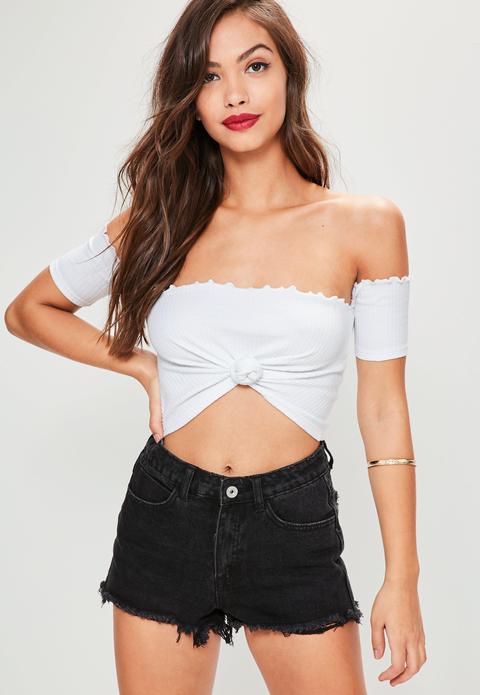 White Bardot Lettuce Hem Knot Front Crop Top