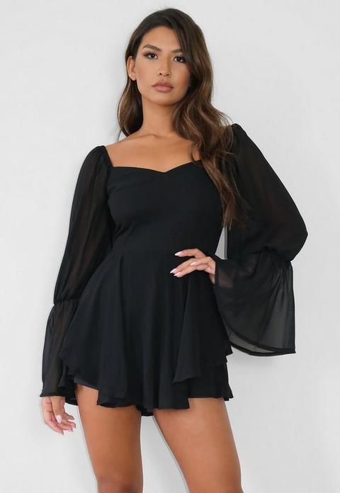 Black Overlay Milkmaid Playsuit, Black