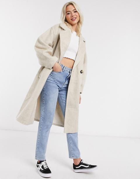 Asos Design Brushed Coat With Sleeve Detail In Stone-neutral