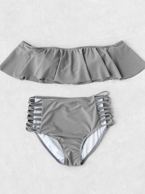 Grigio Senza Spalline Ladder Ritaglio Vita Alta Ruffle Bikini