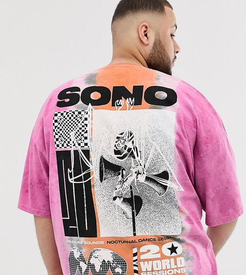 Asos Design Plus - Übergroßes T-shirt Mit Verwaschenem Batikdesign Und Rückenmuster - Rosa