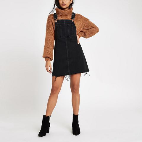 Petite Black Frayed Hem Denim Dungaree Dress