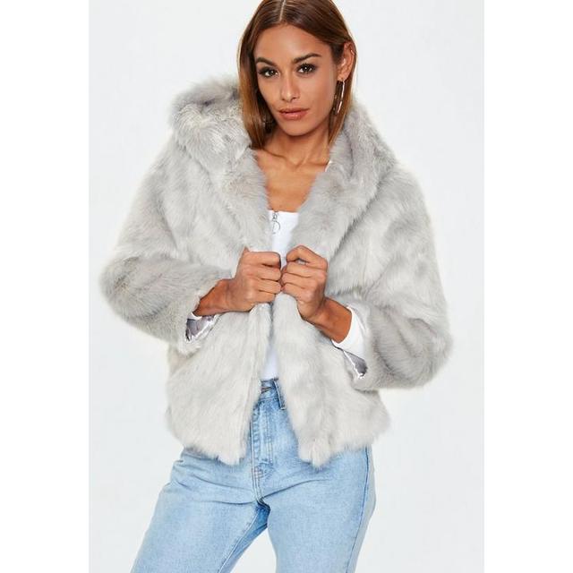 grey faux fur hooded coat