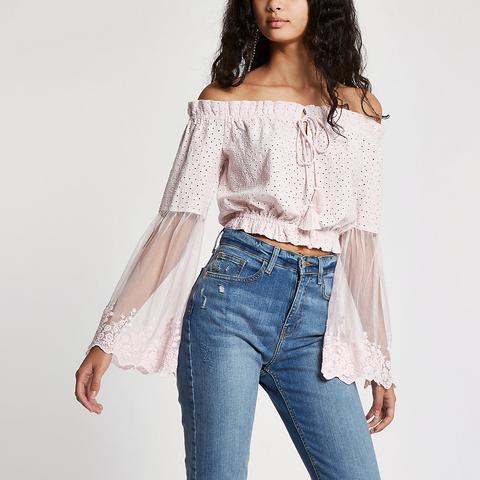 Light Pink Broderie Bardot Crop Top