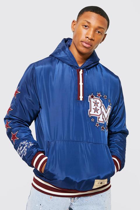 Mens Navy Bm Nylon Overhead Varsity Jacket, Navy