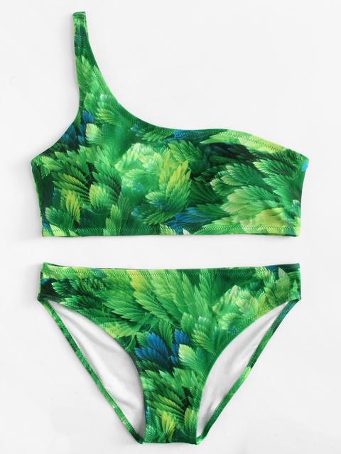 Set De Bikini Con Estampado De Hoja Con Un Hombro