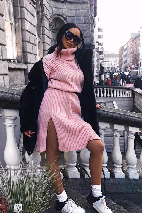 Pink Knitted Roll Neck Jumper Dress - Cecily