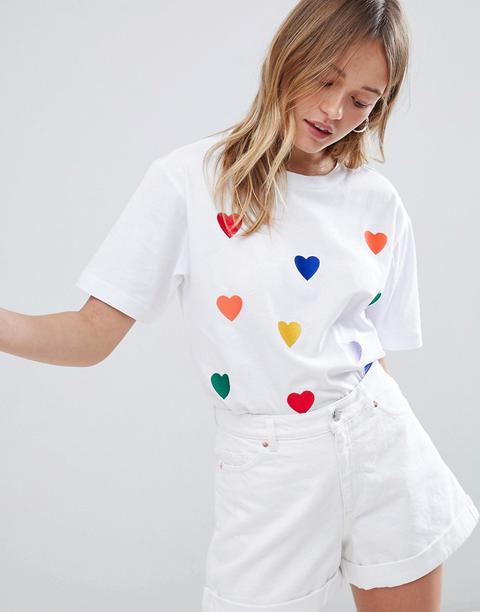 Monki - T-shirt Oversize Con Cuori Arcobaleno Ricamati - Bianco