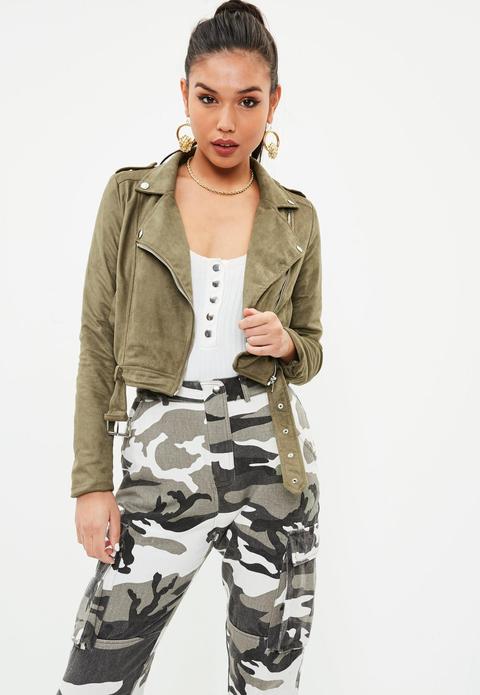 Khaki Suedette Biker Jacket, Khaki