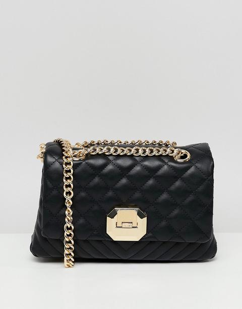 Aldo Menifee Black Quilted Cross Body Bag With Double Gold Chunky Chain Strap