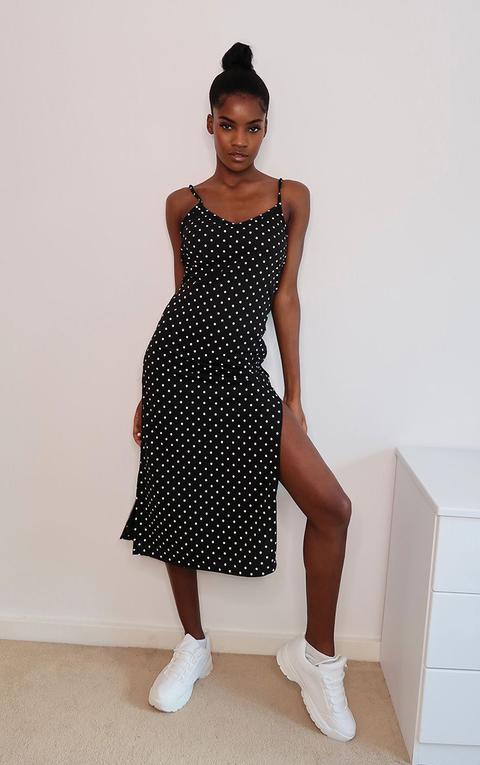 Black Polka Dot Print Jersey Split Cami Midi Dress