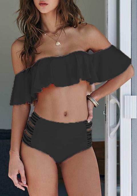 Costume Da Bagno Pianura 2-in-1 Tagliato Volant Sexy Nero