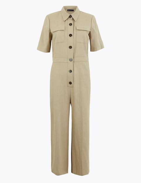 Linen Button Front Utility Jumpsuit