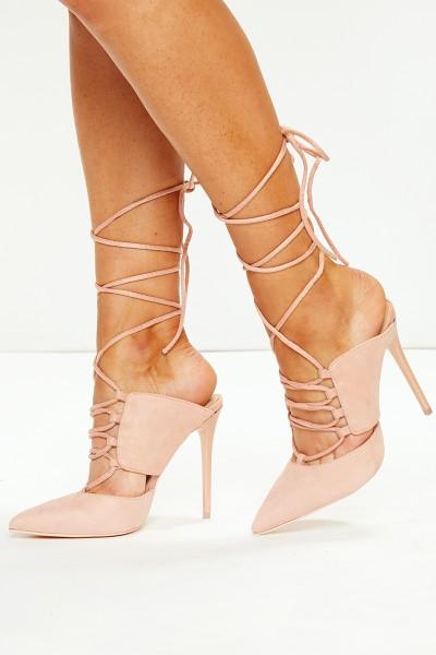 Dion Pink Suede Lace Up Open Back Heels