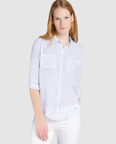 Camisa De Mujer Rayas Con Bolsillos Azul