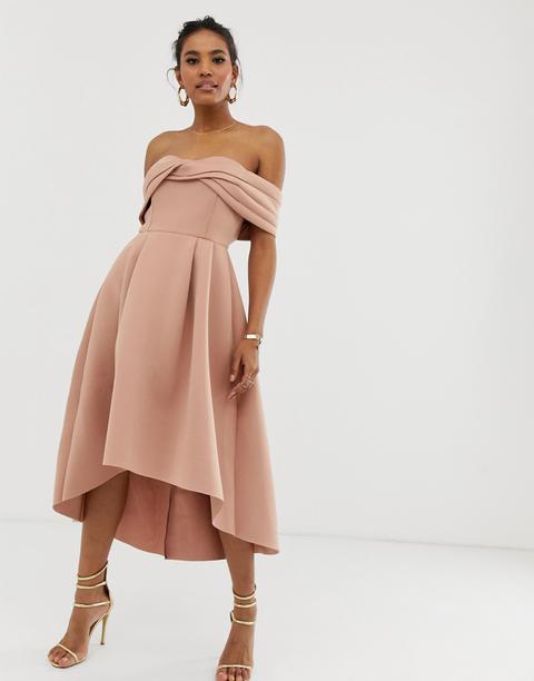 Asos Design Off Shoulder Bardot Midi Prom Dress-brown