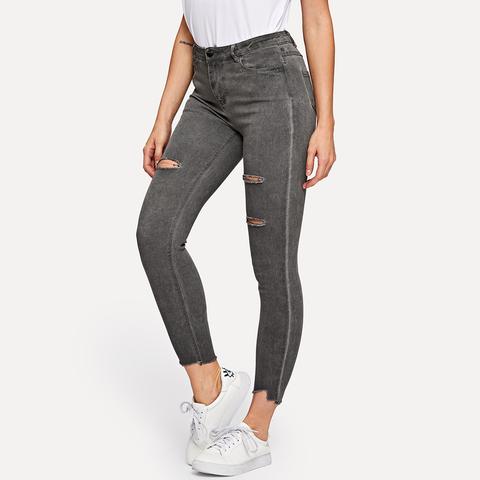 Jeans Strappato Colore Unico Grigio Gli Essenziali