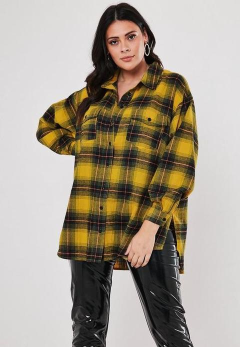 Plus Size Yellow Oversized Check Shirt, Yellow