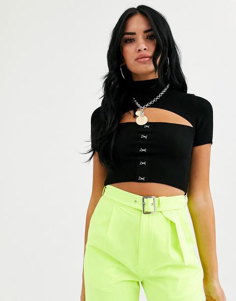 Asos Design Cut Out Crop Top With Eyelet Detail-black