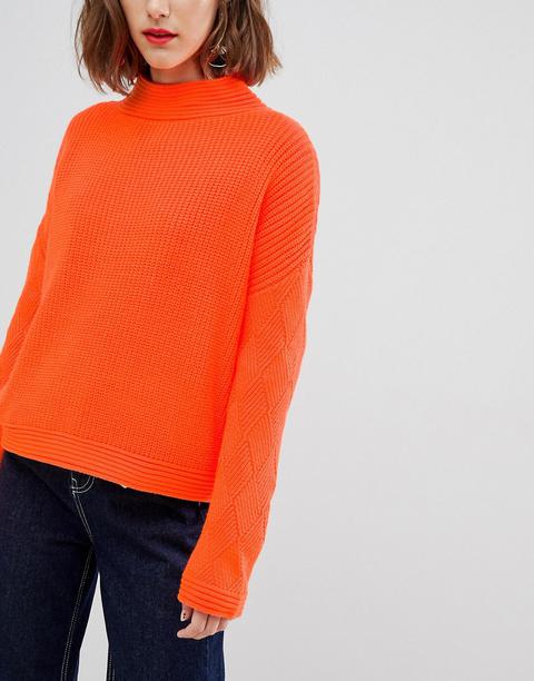 Asos Design Neon Jumper With Stitch Sleeve Detail-orange