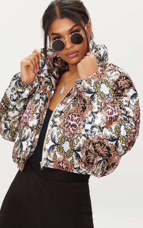 Animal Scarf Printed Satin Puffer Jacket, Brown