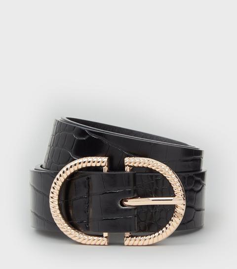 Black Faux Croc Double Horseshoe Belt New Look