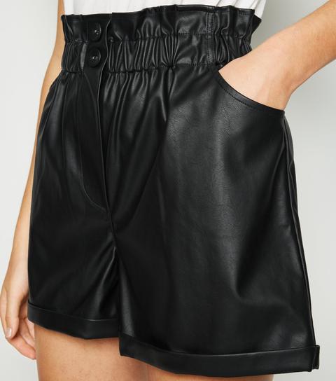 Black Leather-look Button High Waist Shorts New Look