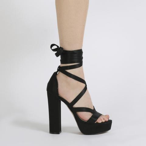 Stella Lace Up Heels In Black Satin