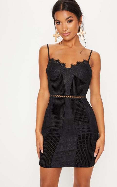 Black Strappy Lace Velvet Insert Bodycon Dress