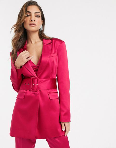 Asos Design Belted Suit Blazer In Satin-pink