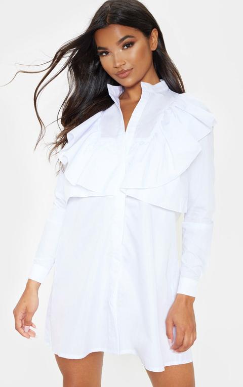 Flora White Frill Front Shirt Dress, White